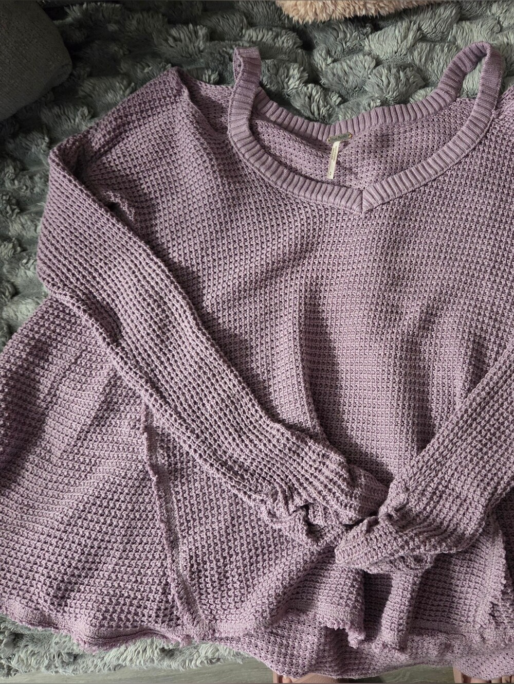 Free People Lilac Waffle Knit V-Neck Sweater With Cold Shoulder, Scrunch Sleeves